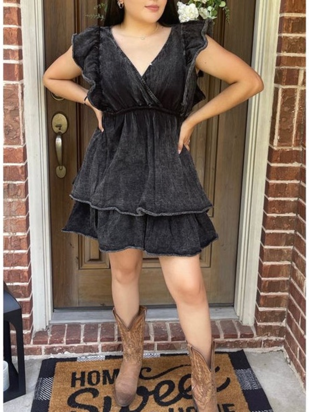 white birch Black Ruffled Tiered Midi Dress